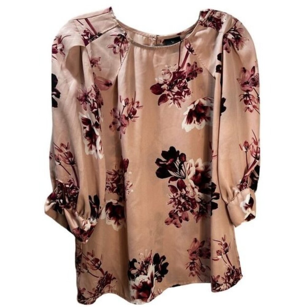 Worthington Womens Floral Print Blouse Pink & Burgundy 3/4‎ Sleeve Small
